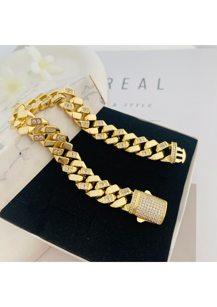 Gurmet Bileklik Tam Tur Zirkon Taşlı Kalın Zincir Çelik Kararmaz Xuping 14AYAR Gold 20CM modelleri