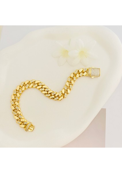 Gurmet Bileklik Tam Tur Zirkon Taşlı Kalın Zincir Çelik Kararmaz Xuping 14AYAR Gold 20CM fırsatları