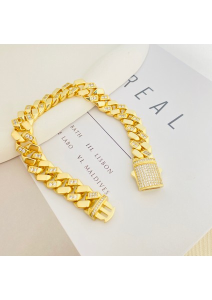 Gurmet Bileklik Tam Tur Zirkon Taşlı Kalın Zincir Çelik Kararmaz Xuping 14AYAR Gold 20CM indirimleri