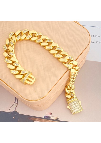 Gurmet Bileklik Tam Tur Zirkon Taşlı Kalın Zincir Çelik Kararmaz Xuping 14AYAR Gold 20CM