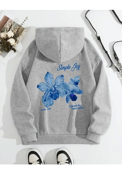 Çiçek Baskı Detaylı Içi Polarlı Kapüşonlu Sweatshirt