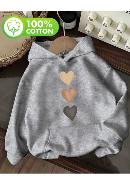 Kalp Baskı Detaylı Içi Polarlı Kapüşonlu Sweatshirt