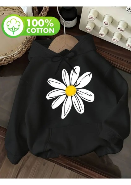 Papatya Baskı Detaylı Içi Polarlı Kapüşonlu Sweatshirt