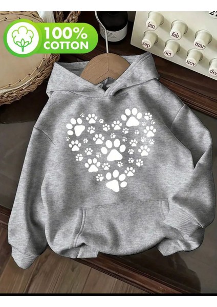 Kalp Pati Baskı Detaylı Içi Polarlı Kapüşonlu Sweatshirt