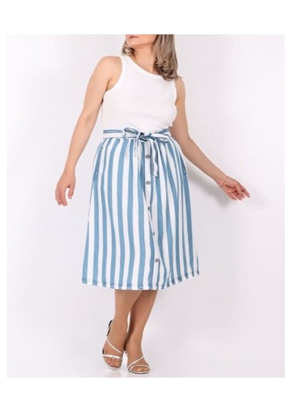 Gillian Beyaz Mavi Çizgili Önden Düğmeli Kuşaklı Cecıl Etek Beyaz - Mavi