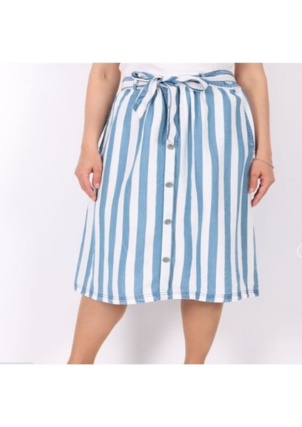 Gillian Beyaz Mavi Çizgili Önden Düğmeli Kuşaklı Cecıl Etek Beyaz - Mavi fiyatları