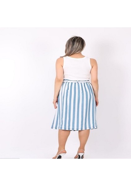 Gillian Beyaz Mavi Çizgili Önden Düğmeli Kuşaklı Cecıl Etek Beyaz - Mavi fırsatları