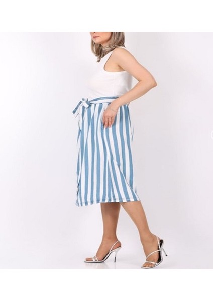 Gillian Beyaz Mavi Çizgili Önden Düğmeli Kuşaklı Cecıl Etek Beyaz - Mavi indirimleri