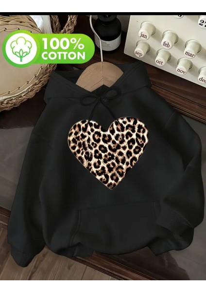 Leopar Kalp Baskı Detaylı Içi Polarlı Kapüşonlu Sweatshirt