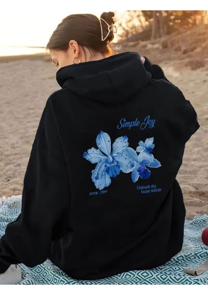Çiçek Baskı Detaylı Içi Polarlı Kapüşonlu Sweatshirt