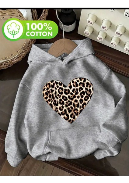 Leopar Kalp Baskı Detaylı Içi Polarlı Kapüşonlu Sweatshirt