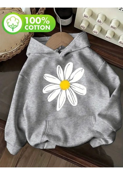 Papatya Baskı Detaylı Içi Polarlı Kapüşonlu Sweatshirt