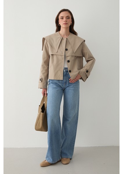 Bej Sakura Geniş Yaka Kısa Trençkot - 7530 modelleri