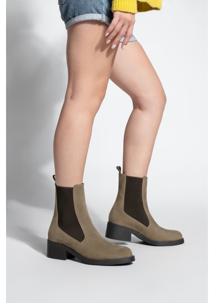 Kadın Elastik Yan Bantlı Topuklu Günlük Bot Espato Vizon Süet fırsatları