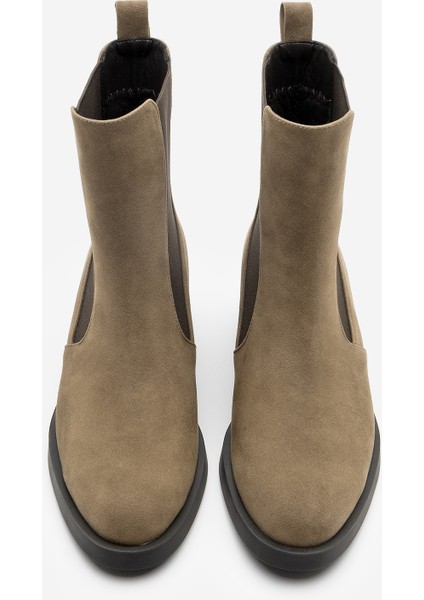 Kadın Elastik Yan Bantlı Topuklu Günlük Bot Espato Vizon Süet