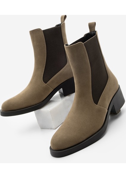Kadın Elastik Yan Bantlı Topuklu Günlük Bot Espato Vizon Süet