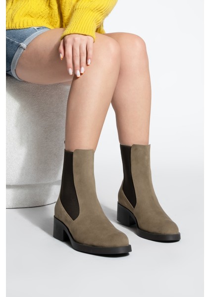 Kadın Elastik Yan Bantlı Topuklu Günlük Bot Espato Vizon Süet fırsatları
