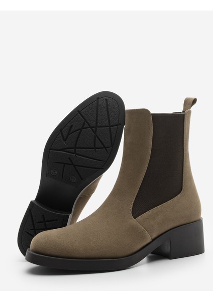Kadın Elastik Yan Bantlı Topuklu Günlük Bot Espato Vizon Süet