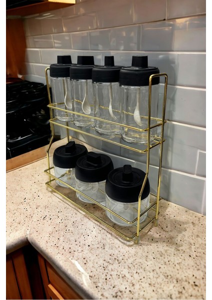 Metal Standlı Gold 7 Li Cam Kavanoz ve Baharatlık Seti