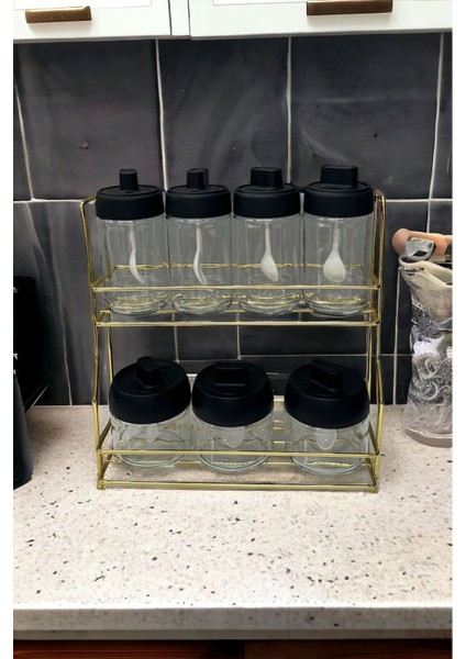 Metal Standlı Gold 7 Li Cam Kavanoz ve Baharatlık Seti fiyatları