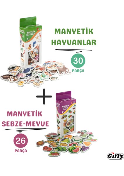 Oyuncak Manyetik Mıknatıslı 30 Parça Hayvanlar ve 26 Parça Sebze Meyveler Eğitici Set Magnet Buzdolabı ve Metal Yüzeylerde Kullanılabilir Hayvanları ve Sebzeleri Meyveleri Öğren Giffy