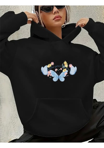 Kelebek Baskı Detaylı Içi Polarlı Kapüşonlu Sweatshirt