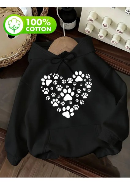 Kalp Pati Baskı Detaylı Içi Polarlı Kapüşonlu Sweatshirt