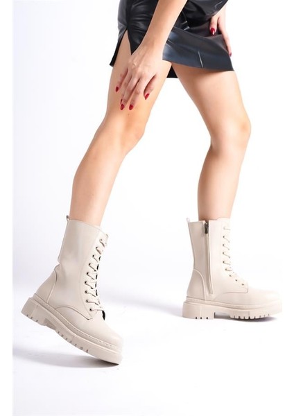 Kadın Krem Bagcıklı Fermuarlı Kalın Taban Günlük Postal 2302