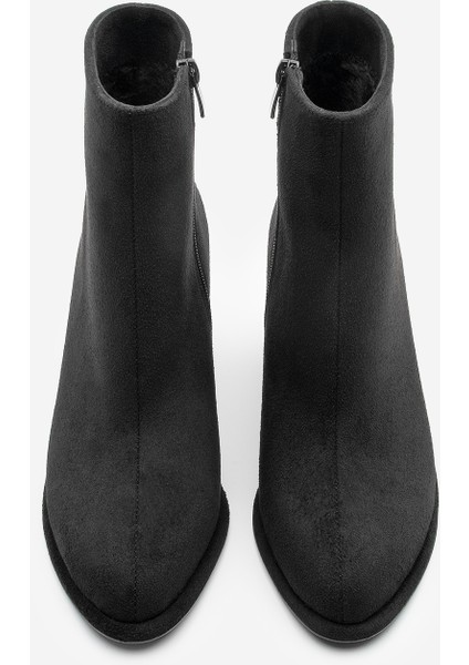 Kadın Sivrii Burun Arkadan Fermuarlı Dikiş Detaylı Kalın Topuklu Bot Atirya Siyah Süet