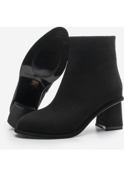 Kadın Sivrii Burun Arkadan Fermuarlı Dikiş Detaylı Kalın Topuklu Bot Atirya Siyah Süet