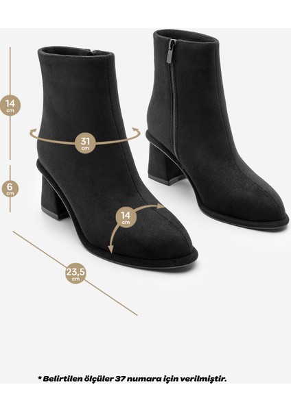Kadın Sivrii Burun Arkadan Fermuarlı Dikiş Detaylı Kalın Topuklu Bot Atirya Siyah Süet