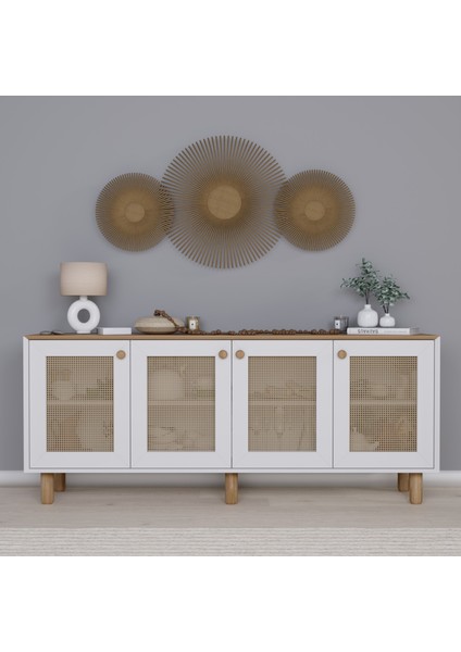 Bohem Serisi Natura Pvc Hasır Desen Mat Beyaz - Açık Ceviz Konsol