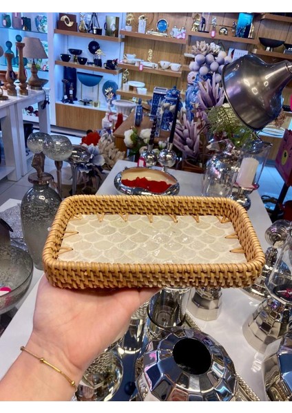 Krem Sedefli Rattan Tepsi 21X12CM