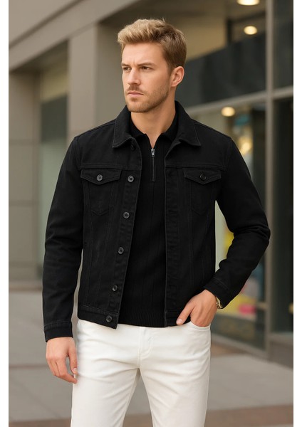 Erkek Mevsimlik Jeans Basic Bol Siyah Kot Ceket