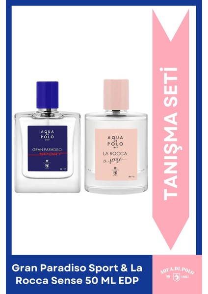 EDP Parfüm Seti – La Rocca Sense Çiçeksi & Gran Paradiso Sport Ferah, 2×50 ml Unisex Lüks Hediye Kutusu modelleri