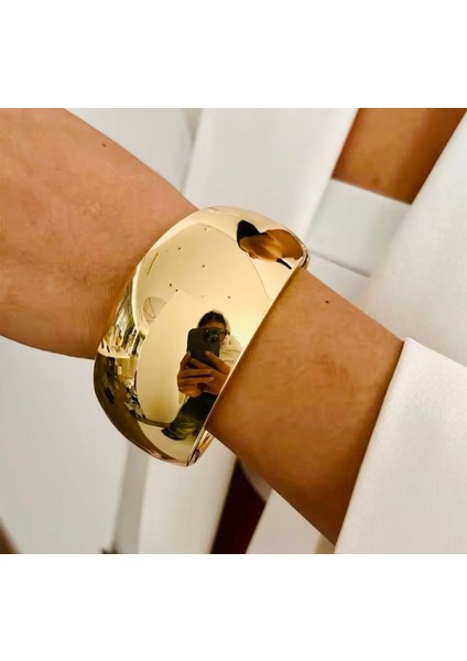 Altın Renk Bombeli Çelik Kelepçe Bilezik