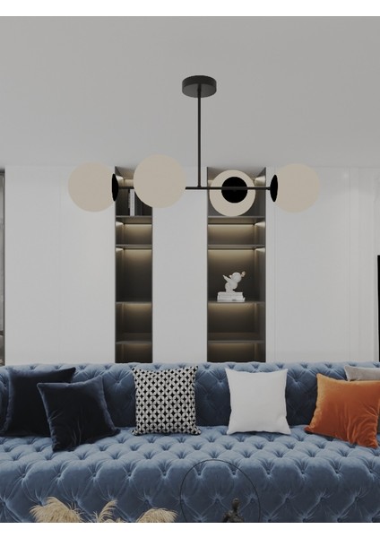 Milora 4'lü Siyah Kasa Beyaz Cam Detaylı Modern Lüks Avize