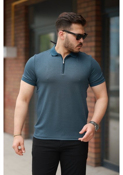 Erkek Fermuarlı Yaka Kısa Kollu Tişört
