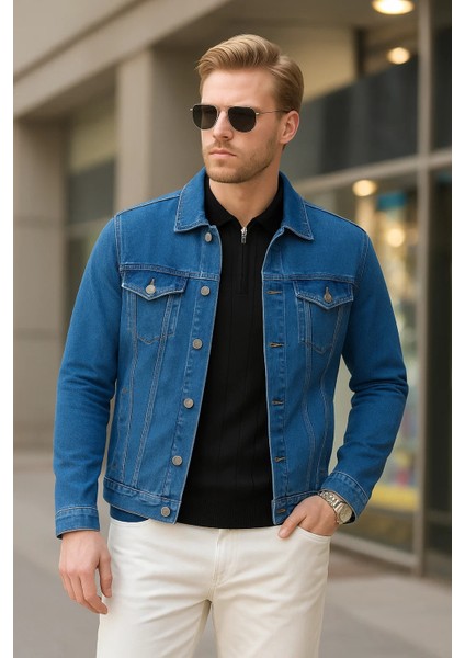 Erkek Mevsimlik Jeans Basic Bol Mavi Kot Ceket