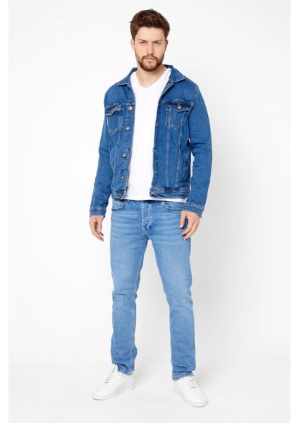 Erkek Mevsimlik Jeans Basic Bol Mavi Kot Ceket