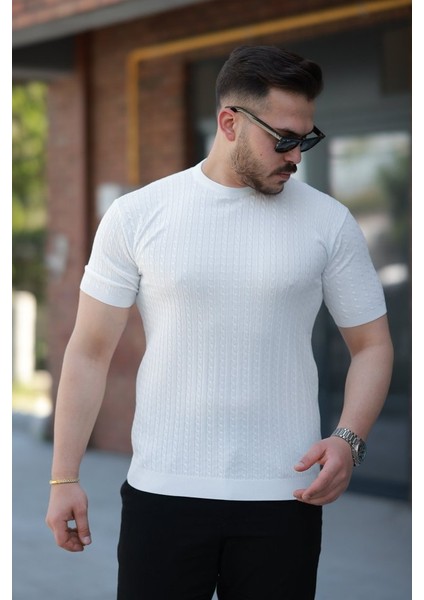 Erkek Bisiklet Yaka Örgü Desenli Kısa Örme Triko Kısa Kollu T-Shirt