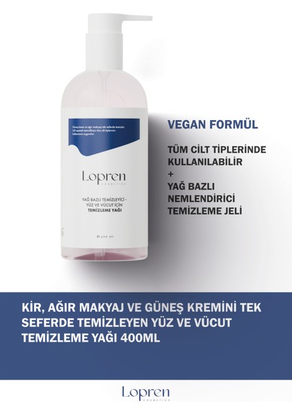 Yağ Bazlı Yüz ve Vücut Temizleyici 400 ml – Makyaj ve Kirleri Derinlemesine Temizler, Nemlendirir, Tüm Cilt Tiplerine Uygun indirimleri