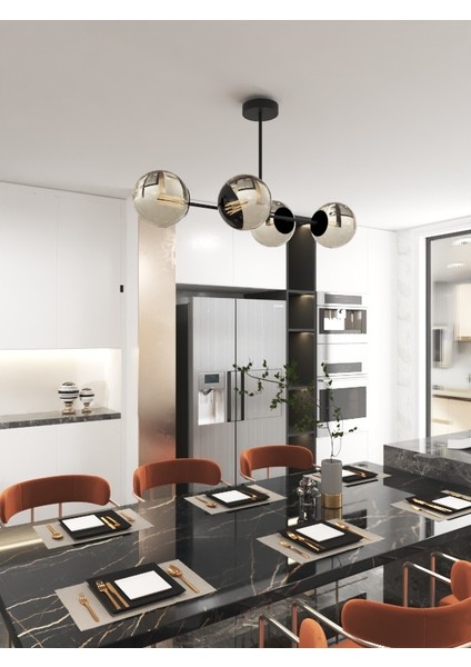 Milora 4'lü Siyah Kasa Füme Cam Detaylı Modern Lüks Avize