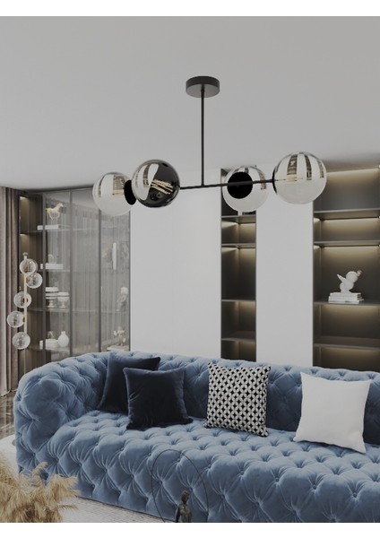 Milora 4'lü Siyah Kasa Füme Cam Detaylı Modern Lüks Avize modelleri