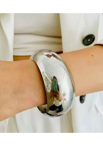 Gümüş Renk Bombeli Rodyumlu Kelepçe Bilezik