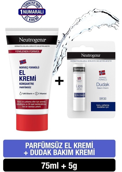 Norveç Formülü Parfümsüz El Kremi ve Dudak Balmı Seti – Kuru ve Çatlamış Eller ile Dudaklar İçin 75 ml + 5 g