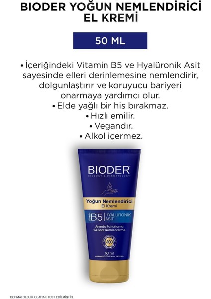 Yoğun Nemlendirici El Kremi 50 ml – Vitamin B5 ve Hyalüronik Asitli, 24 Saat Etkili Alkolsüz Bakım