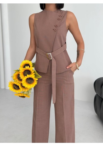 Ti̇na Asi̇metri̇k Keten Yelek Pantolon Takim modelleri