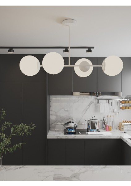 Milora 4'lü Beyaz Kasa Beyaz Cam Detaylı Modern Lüks Avize