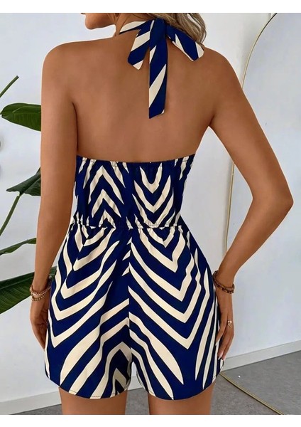 Kadın Boyundan Askılı Halter Yakalı Desenli Süprem Tulum modelleri